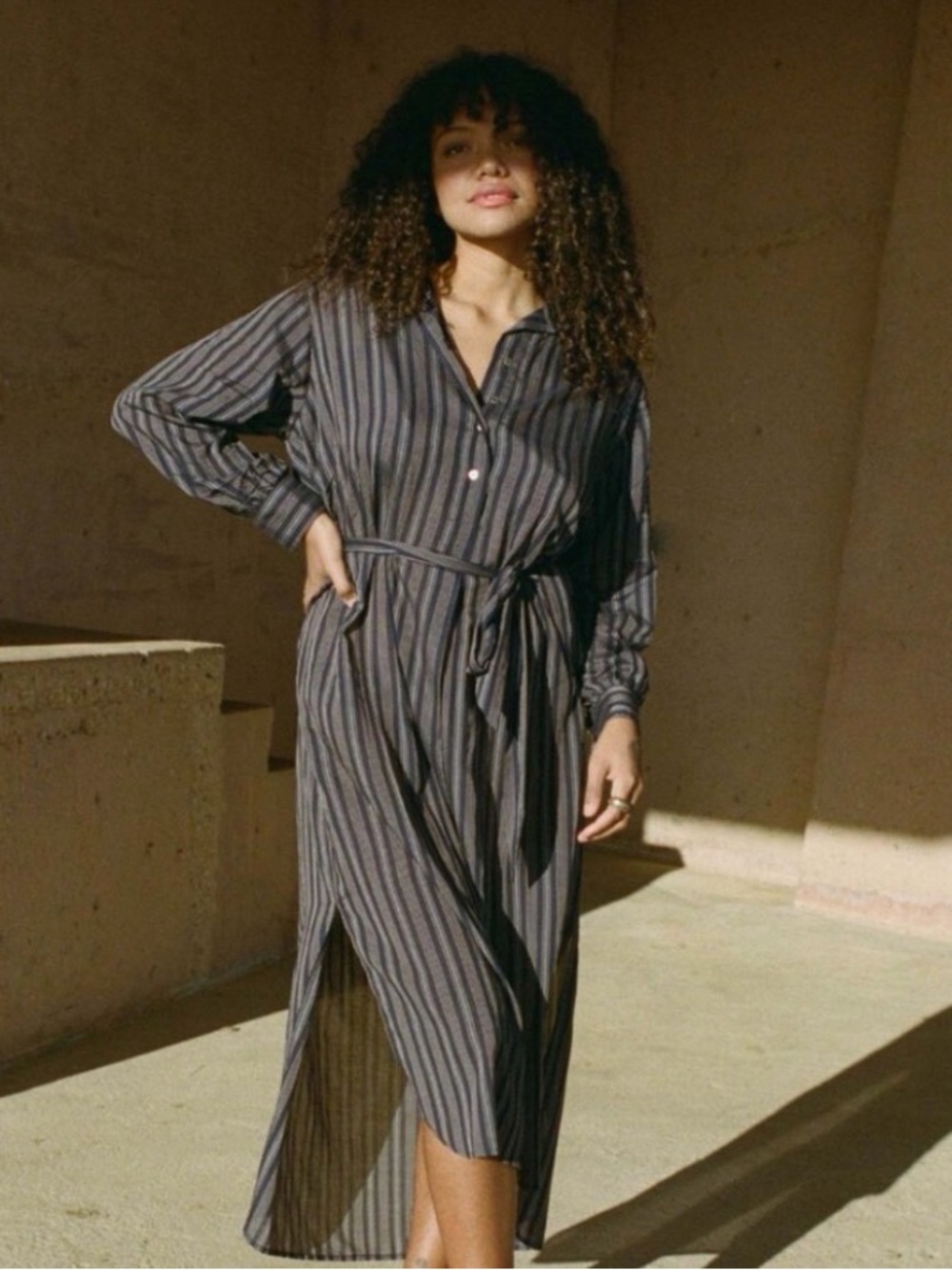 Doen Navy Striped Maxi Shirt Dress